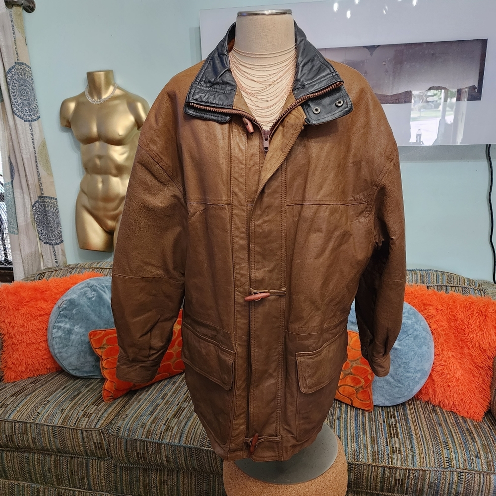 Vintage 80s-90s IOU Mens Brown Leather Mid Length Bomber Jacket Oversized Size L